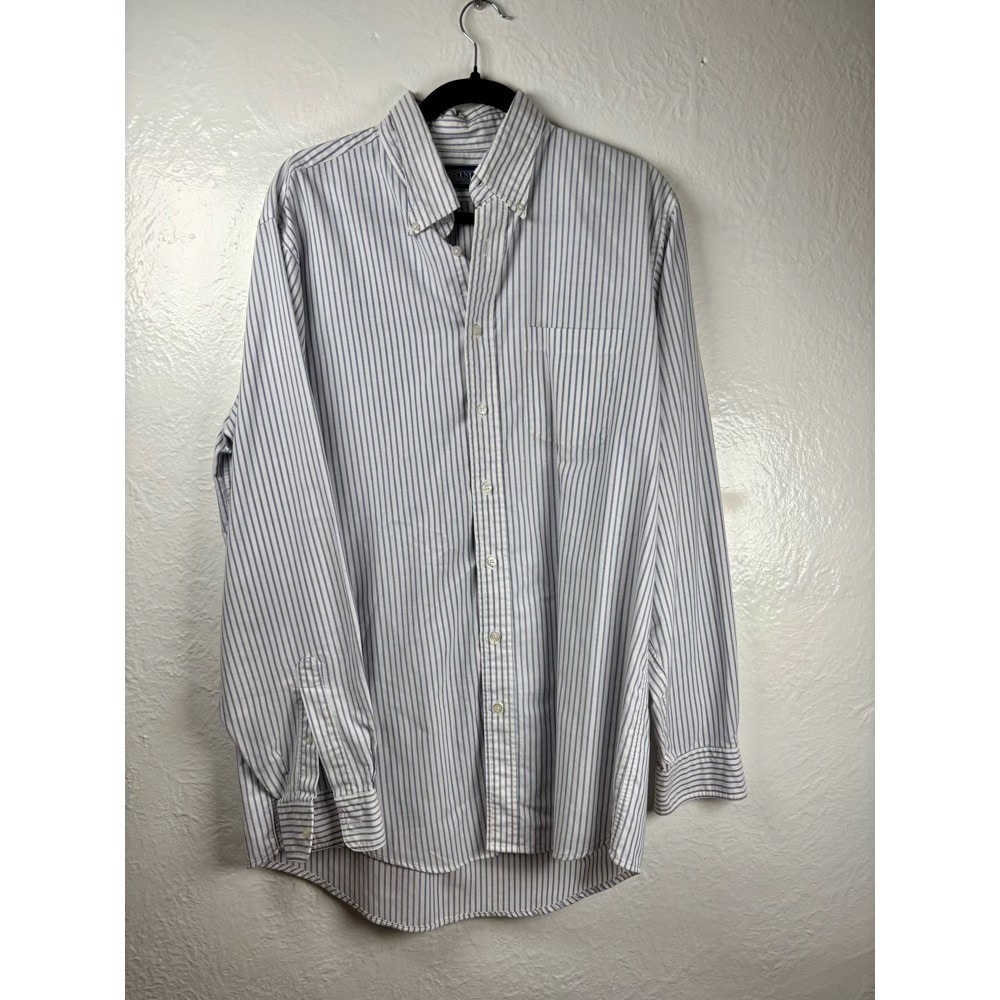 Lands End Mens Tall 16.5-37 Blue White Striped‎ Oxford Shirt Preppy Office